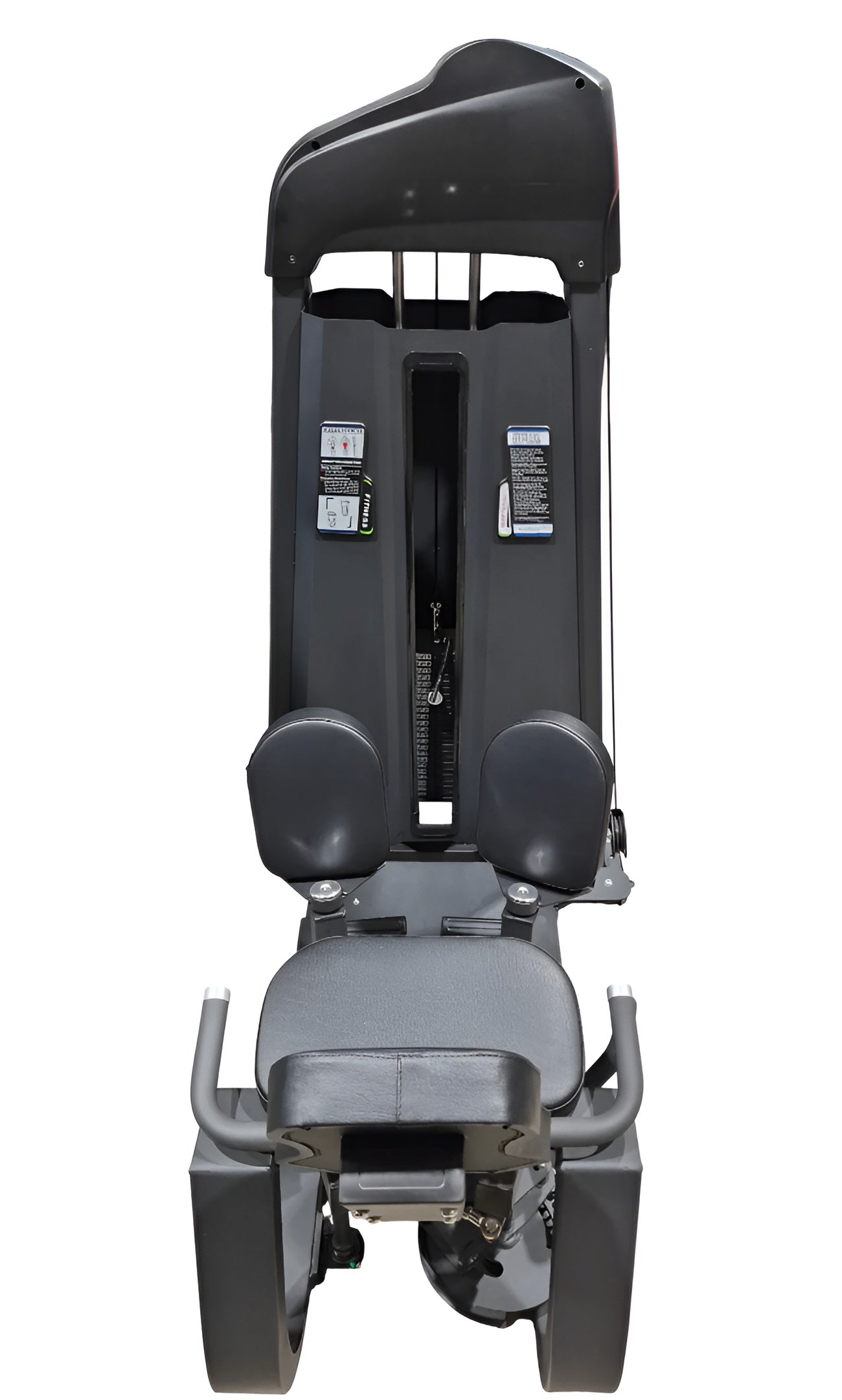 Vue de face de la machine combo abducteur / adducteur commerciale 2 en 1, affichant clairement le panneau d'instructions sur la tour de poids, les coussinets pivotants et le design compact.