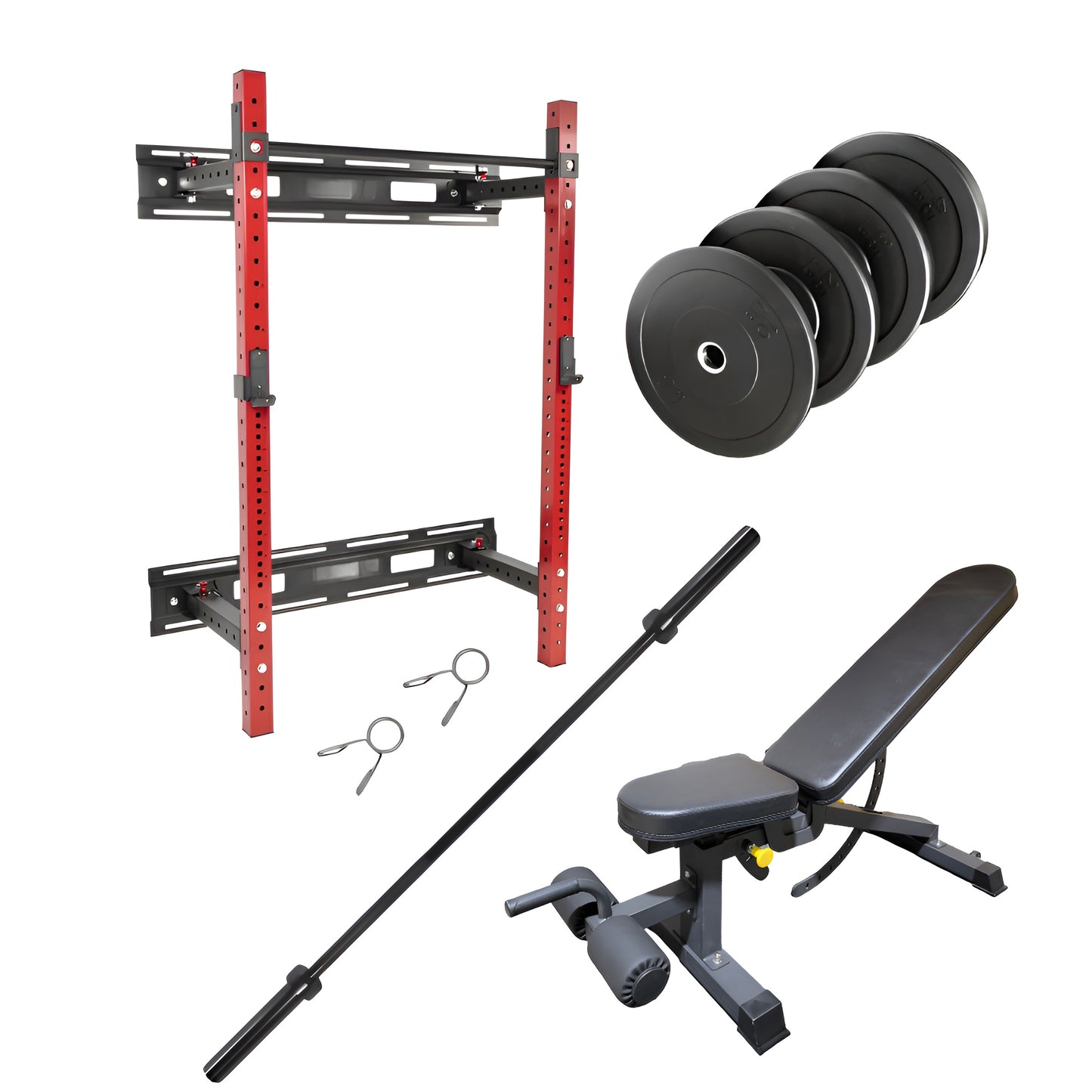 Bundle économique comprenant un rack à squat mural rouge et noir, un ensemble de disques olympiques noirs avec poignées, une paire de colliers de serrage à ressort, une longue barre olympique noire et un banc d’entraînement ajustable noir.