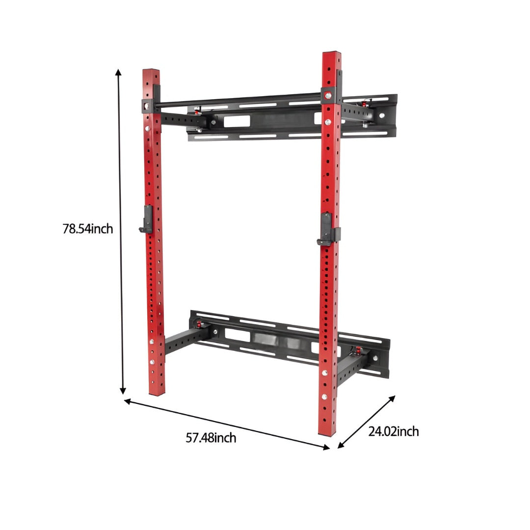 Schéma technique du rack à squat mural pliable montrant les dimensions complètes — largeur 61 cm, profondeur 146,1 cm et hauteur 199,4 cm.