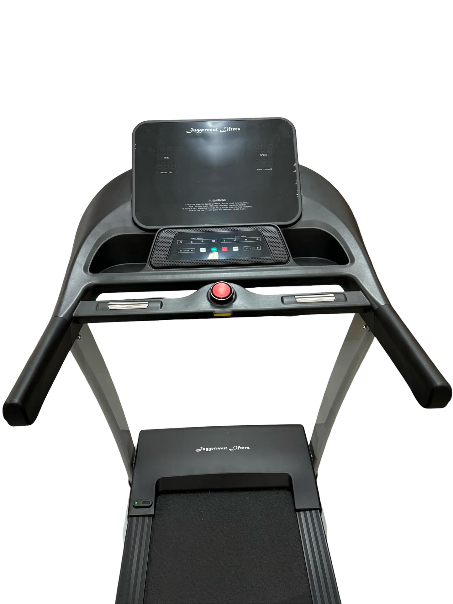 Gros plan sur la console du tapis de course CompactPro, mettant en valeur son écran LED à 5 affichages ainsi que les capteurs de fréquences cardiaques.