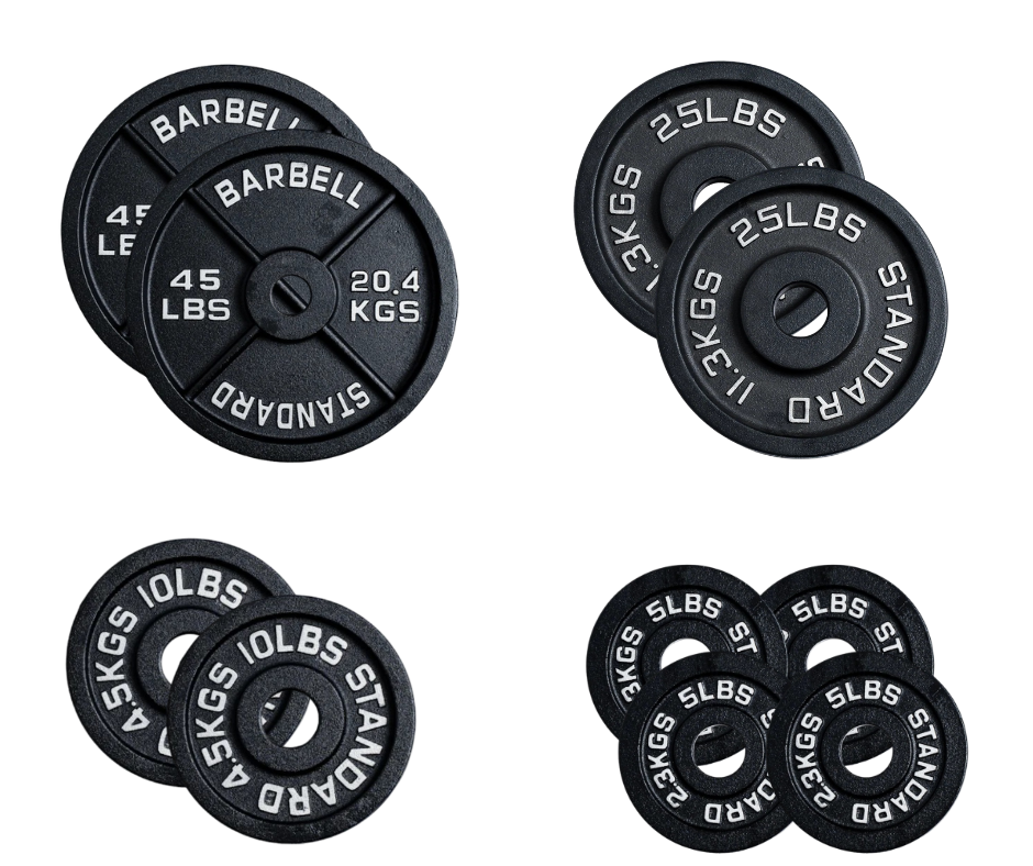 Ensemble de plaques olympiques d'entraînement de 180lbs. 2x45lbs, 2x25lbs, 2x10lbs, 4x5lbs. Ces plaques sont en fonte véritable.