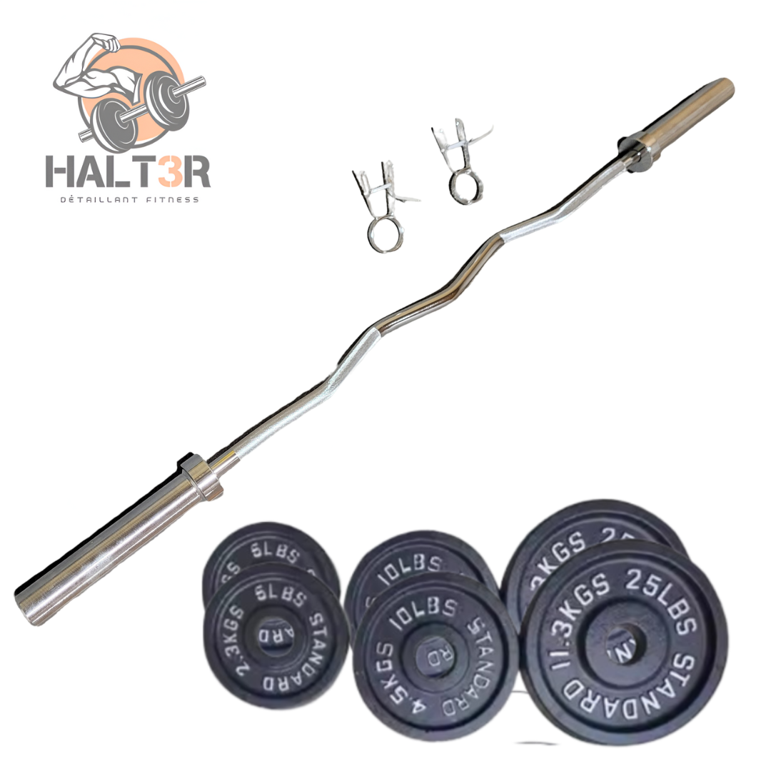 Barre EZ curl de 5' accompagnée d'un ensemble de plaques de poids en fonte, soit 2x5lb 2x10lb 2x25lbs. Des collets à ressort en acier sont également inclus.