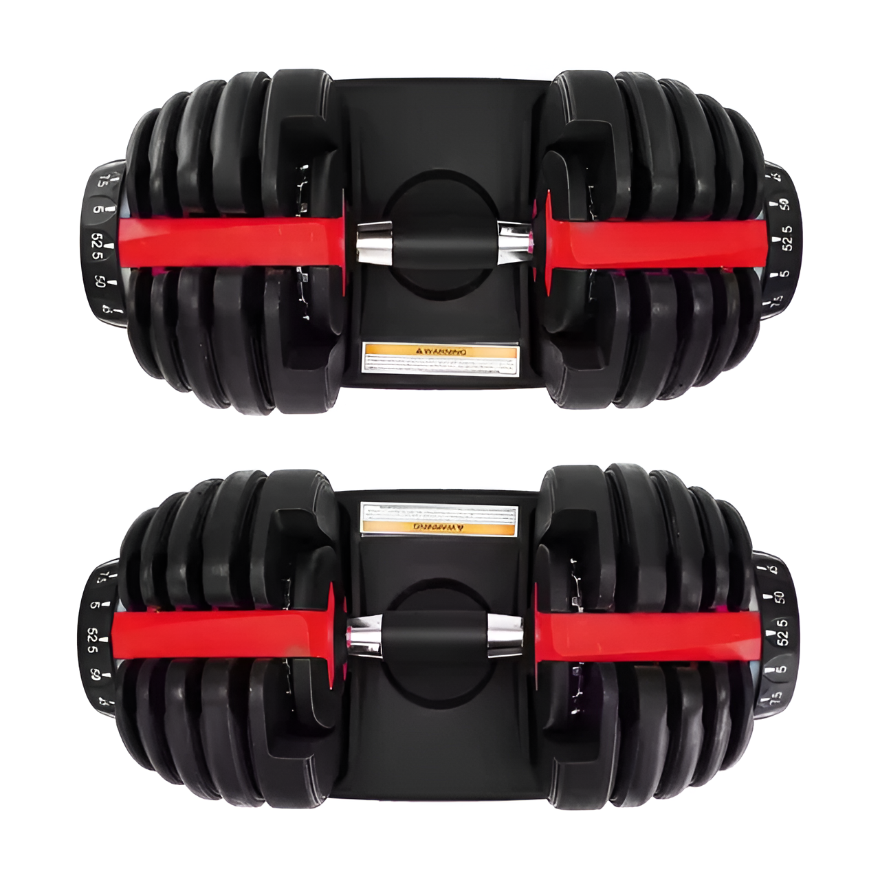 Paire d'haltères ajustables vue de haut, dans leur support respectif.