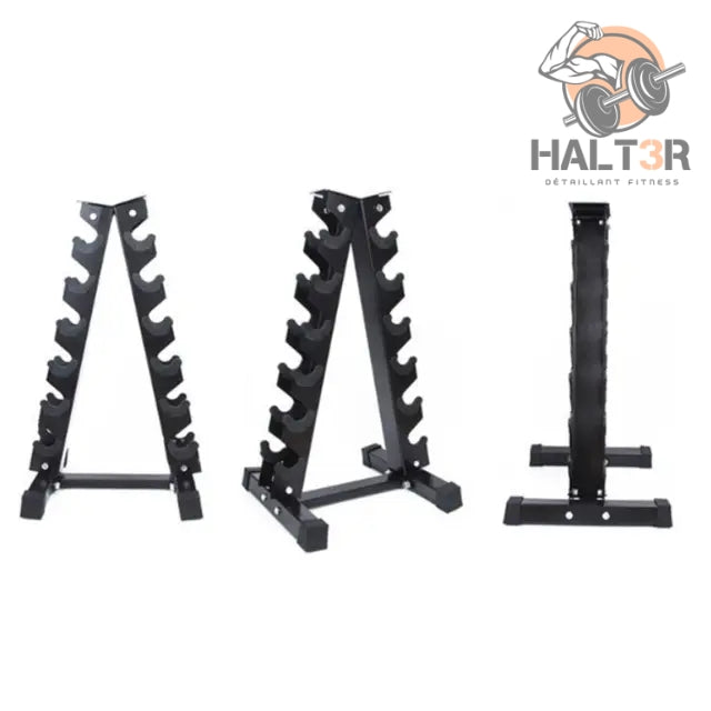 Support à haltères pouvant contenir 6 paires. Trois prises de vues sont placées côte à côte pour montrer le support sous tout ses angles.