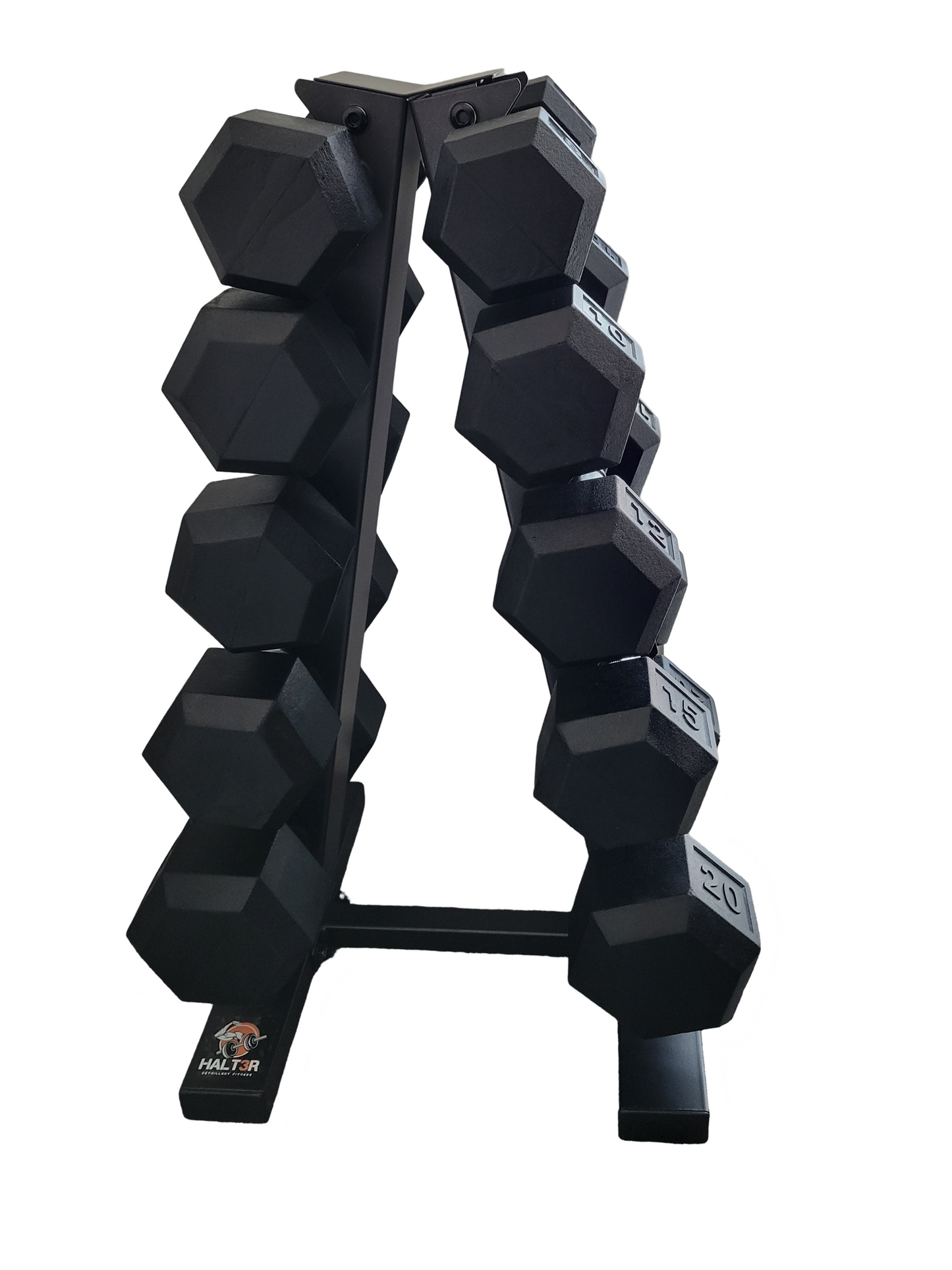 Ensemble d'haltères de 8 à 20lbs sur support 5 paires noir pris de face.