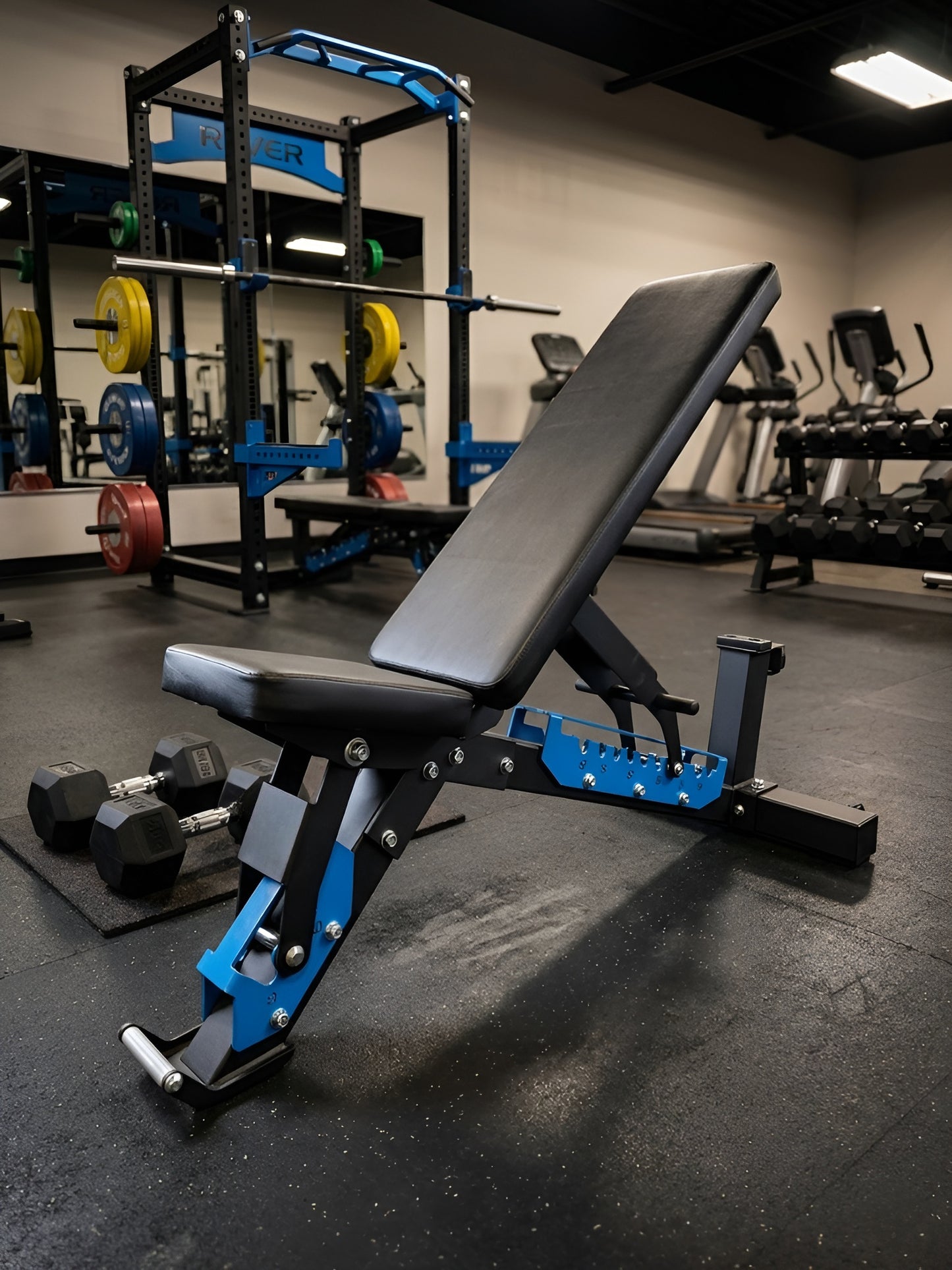 Banc commercial ajustable installé dans un centre d'entraînement complet à côté de poids et d'un rack de musculation.