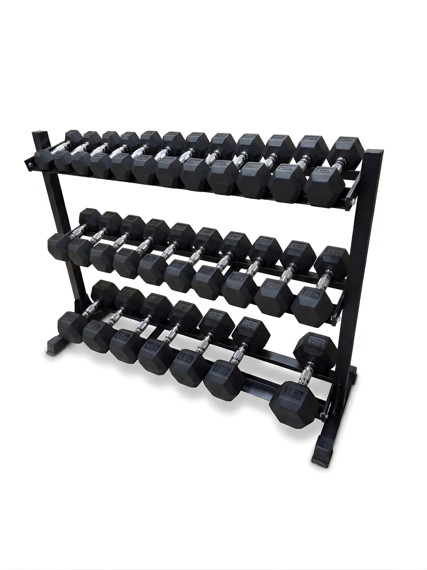 Vue de face inclinée d'un râtelier de rangement à trois tablettes contenant un ensemble complet d'haltères hex de 10 à 70 lb HALT3R Fitness.