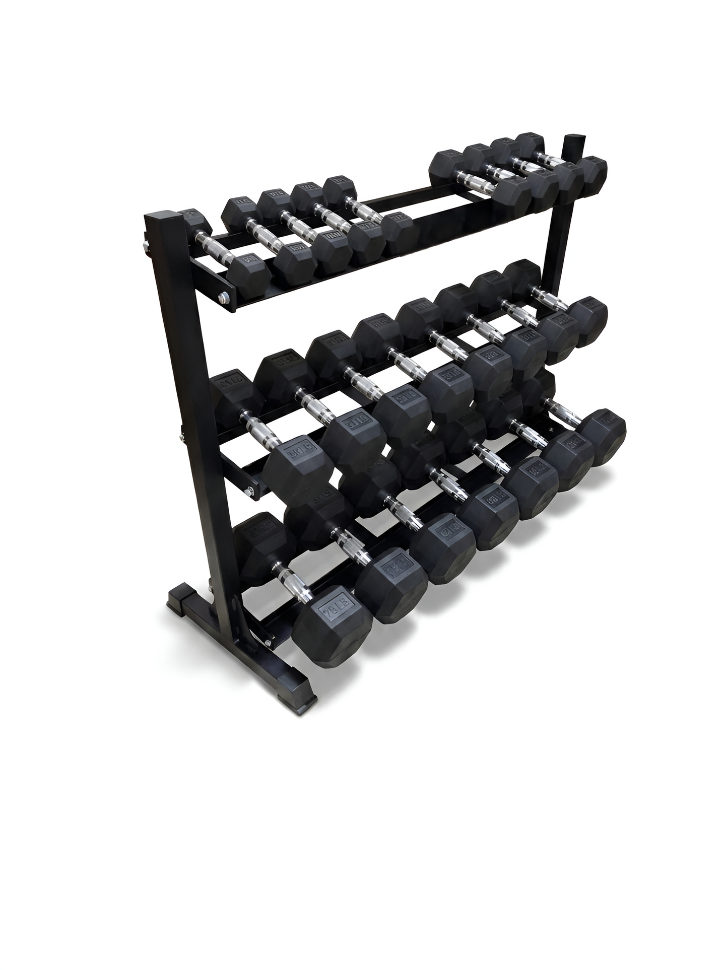 Vue latérale rapprochée d'un support à trois étages rempli d'haltères hexagonaux noirs de 10 à 70 lb, idéal pour un gym à domicile.