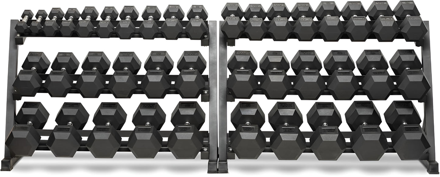 Vue de face directe d'un ensemble massif d'haltères hexagonaux de 5 à 100 lb rangés sur deux râteliers professionnels HALT3R Fitness.