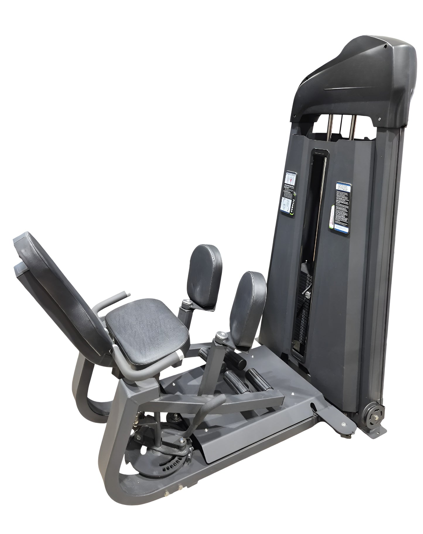 Vue de profil de la machine combo abducteur / adducteur commerciale, montrant son siège ergonomique, ses coussinets pour les jambes et sa colonne de poids intégrée sur fond blanc.