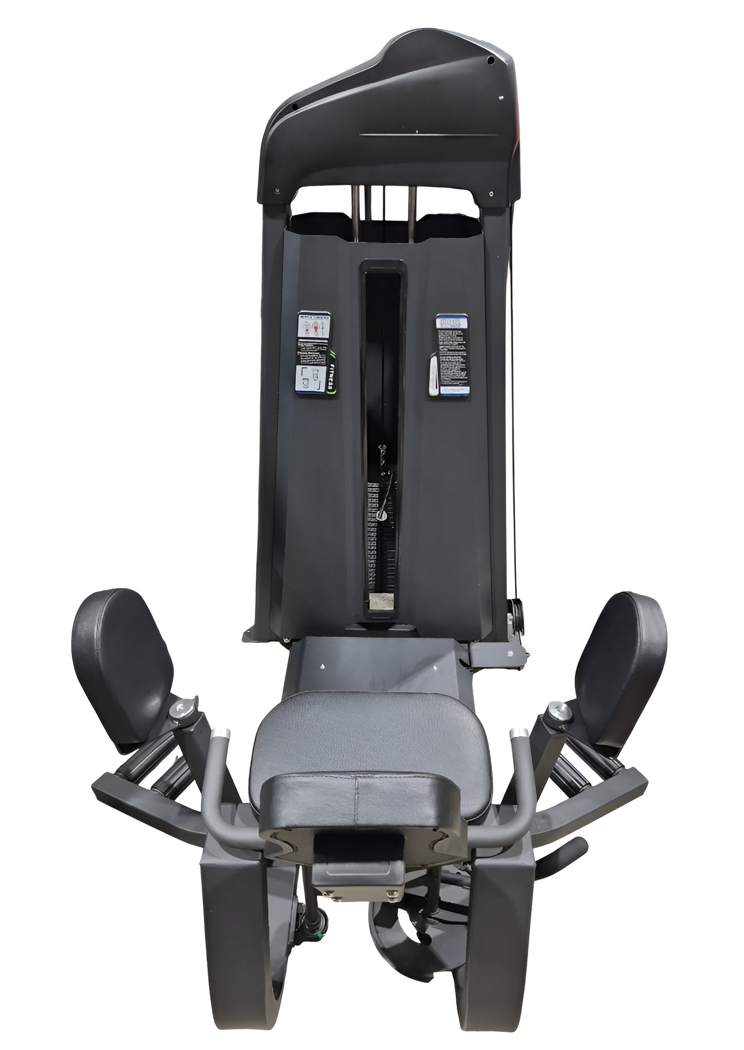 Vue de trois quarts avant de la machine combo abducteur / adducteur, mettant en valeur les poignées de maintien latérales, l'assise et la structure robuste en acier noir.