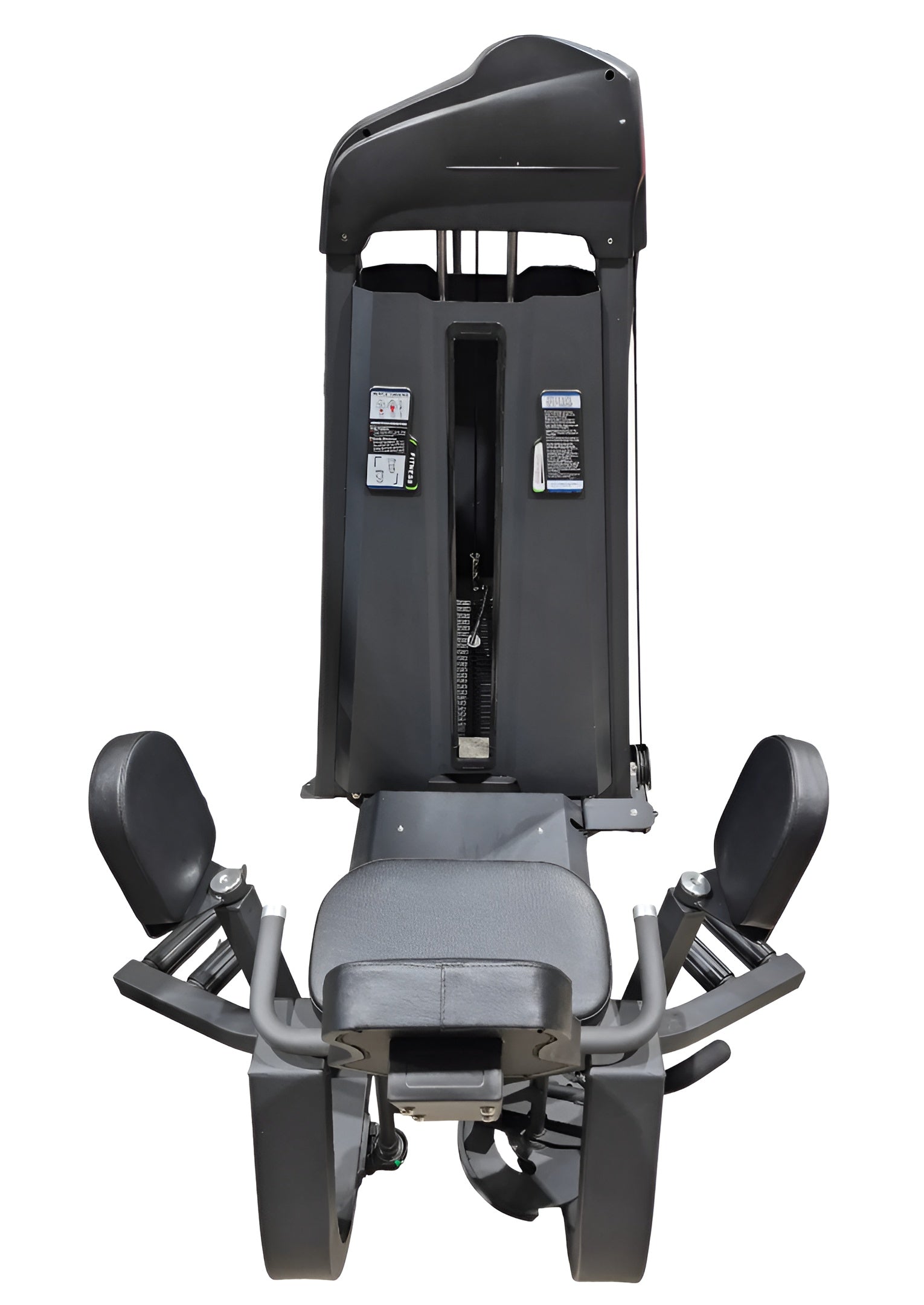 Vue de trois quarts avant de la machine combo abducteur / adducteur, mettant en valeur les poignées de maintien latérales, l'assise et la structure robuste en acier noir.