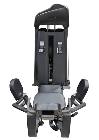 Vue de trois quarts avant de la machine combo abducteur / adducteur, mettant en valeur les poignées de maintien latérales, l'assise et la structure robuste en acier noir.