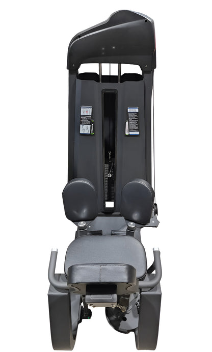 Vue de face de la machine combo abducteur / adducteur commerciale 2 en 1, affichant clairement le panneau d'instructions sur la tour de poids, les coussinets pivotants et le design compact.