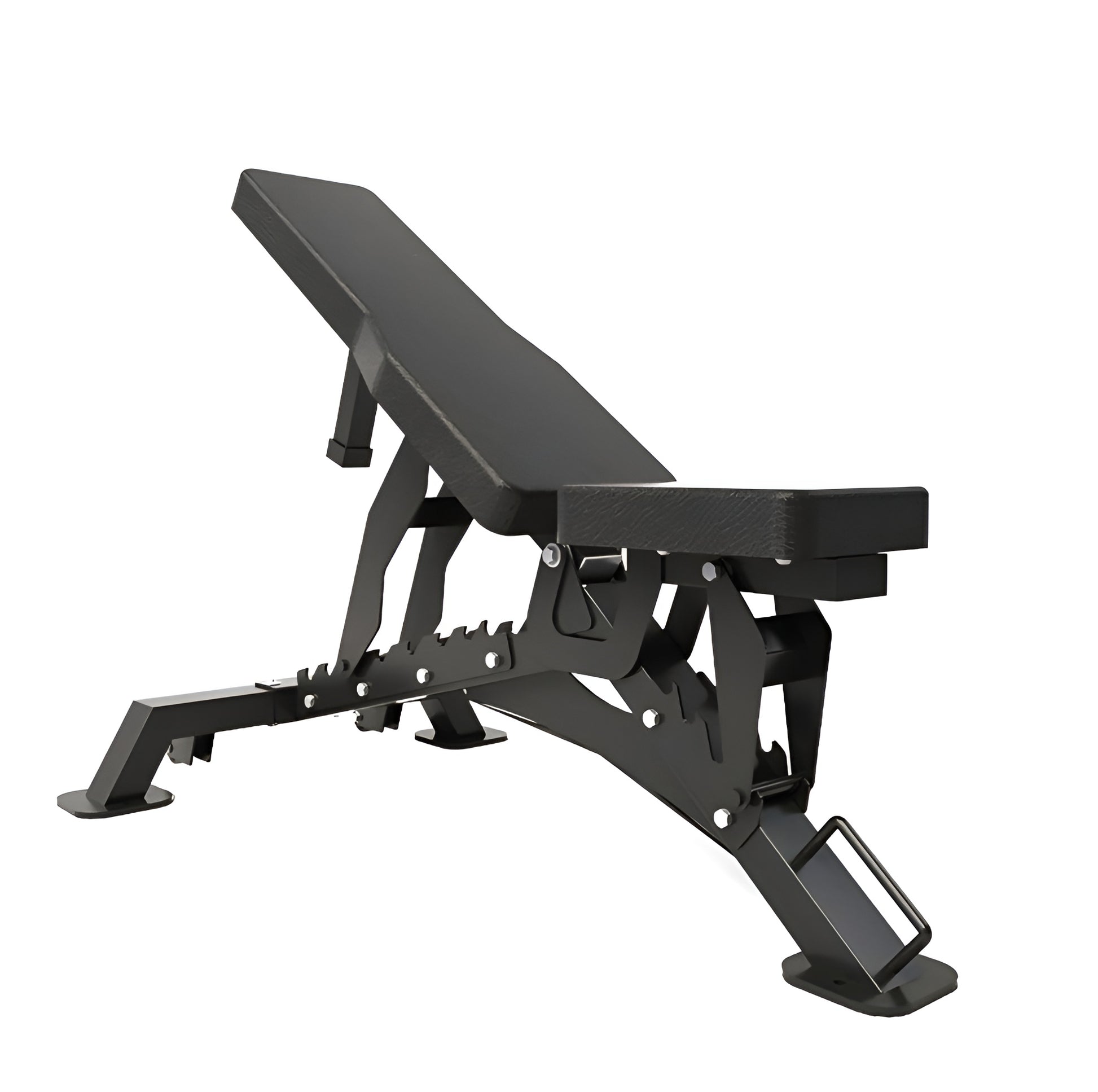 Banc de musculation commercial Deluxe Heavy Duty ajustable en position à plat, avec structure en acier noir mat renforcée.