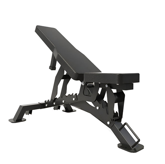 Banc de musculation commercial Deluxe Heavy Duty ajustable en position à plat, avec structure en acier noir mat renforcée.
