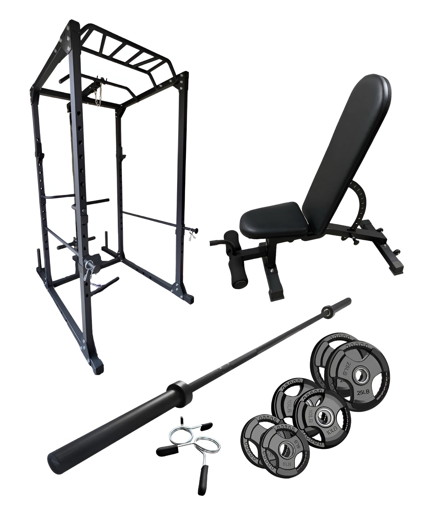 Ensemble complet d'entraînement comprenant un cage à squat, un banc ajustable semi-commercial, une barre olympique 7' ainsi que deux plaques de 25lbs, deux plaques de 10lbs, deux plaques de 5lbs et des collets de sureté. 