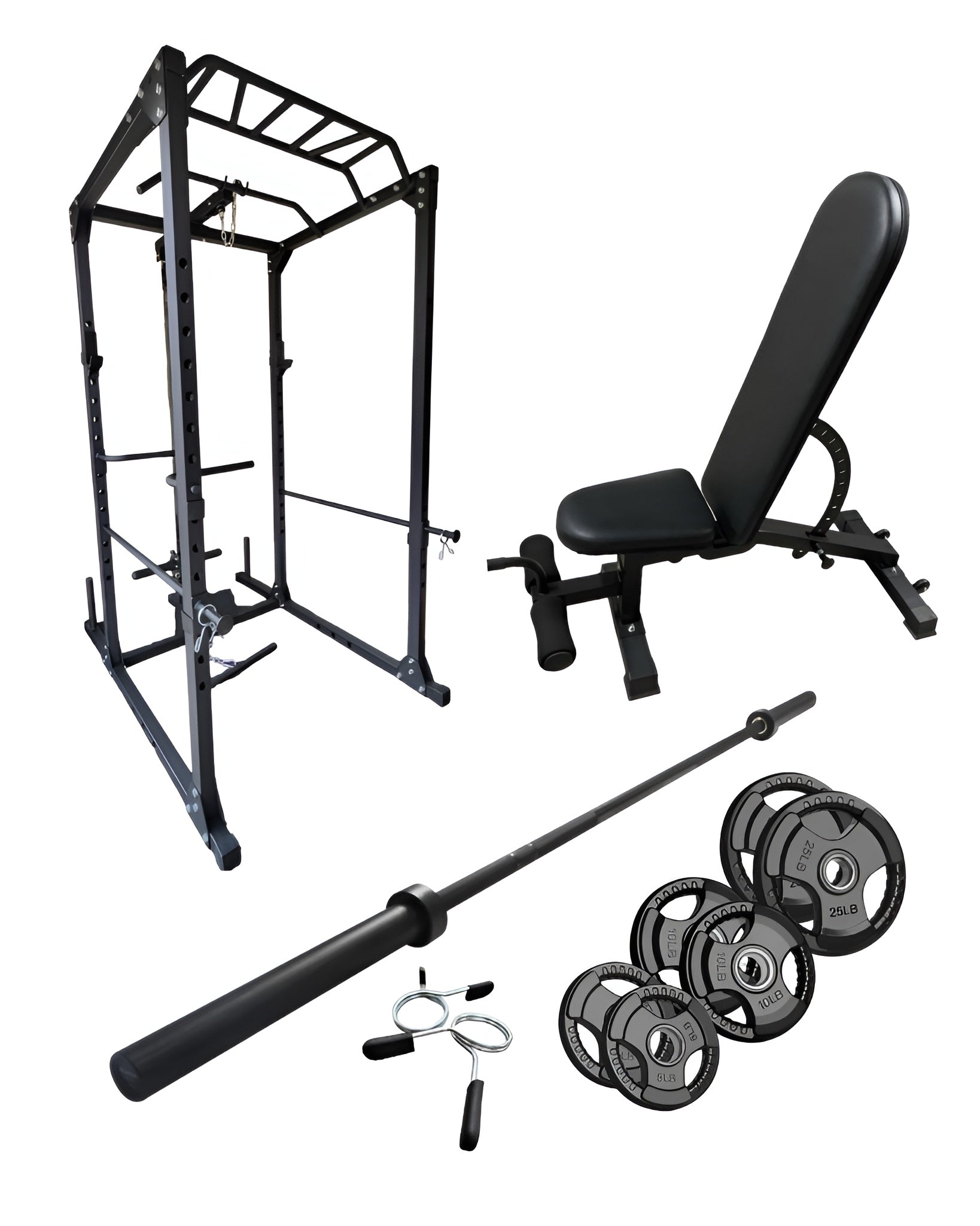 Ensemble complet d'entraînement comprenant un cage à squat, un banc ajustable semi-commercial, une barre olympique 7' ainsi que deux plaques de 25lbs, deux plaques de 10lbs, deux plaques de 5lbs et des collets de sureté. 