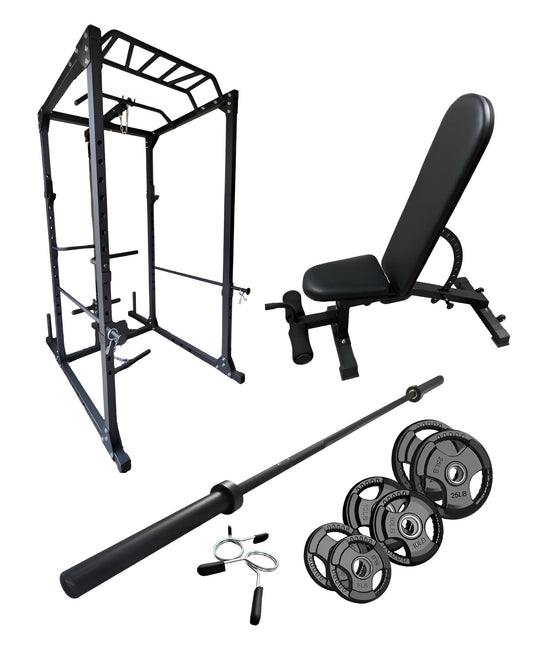 Ensemble complet d'entraînement comprenant un cage à squat, un banc ajustable semi-commercial, une barre olympique 7' ainsi que deux plaques de 25lbs, deux plaques de 10lbs, deux plaques de 5lbs et des collets de sureté. 