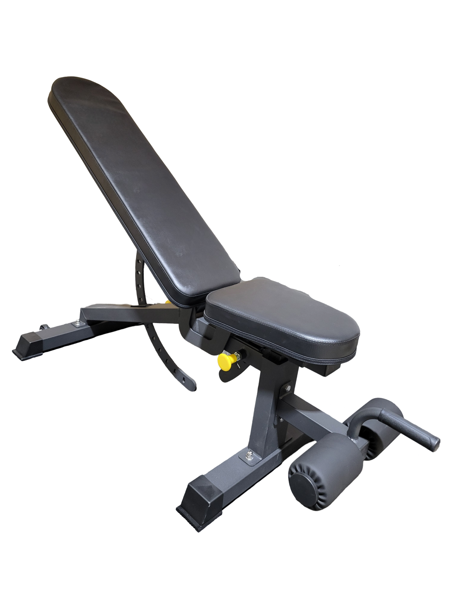 Banc d’entraînement ajustable noir avec support pour les jambes et poignée, vue en perspective trois quarts sur fond blanc.