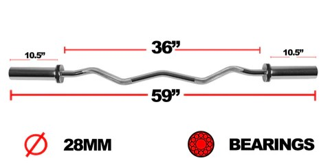 Diverses dimensions de la barre EZ curl. Longueur de 59" totale.