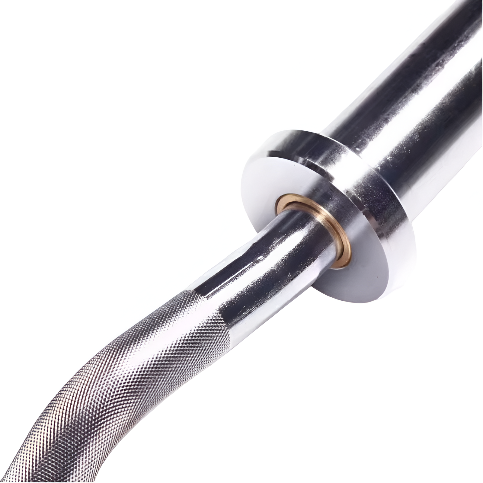 Plan rapproché de la manche de la barre EZ Curl 5'. Sa qualité de finition, sa prise en main et ses bearings y sont démontrés.