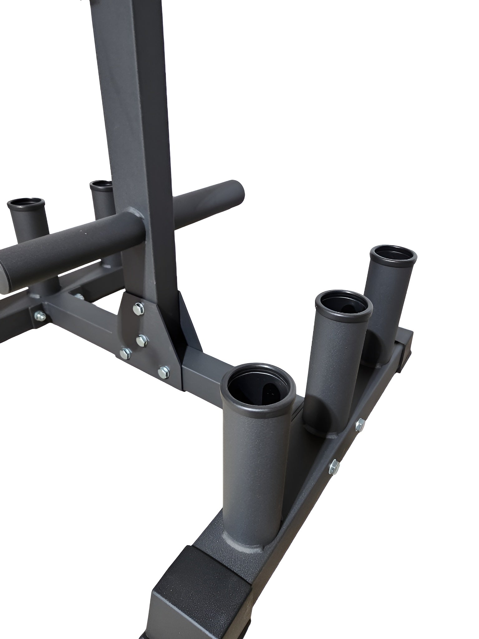 Base du support avec six emplacements verticaux pour barres olympiques.