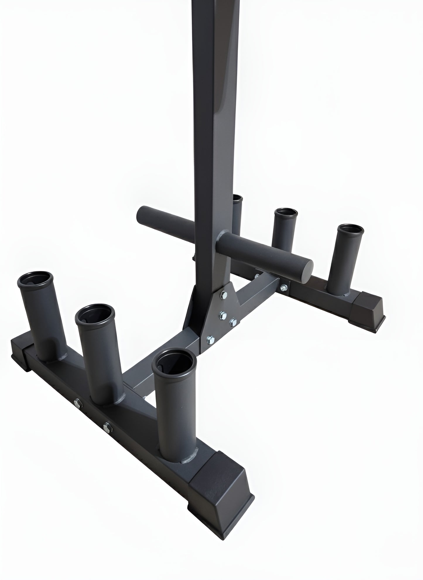 Détail de la base solide avec 6 slots pour barres d’haltérophilie.