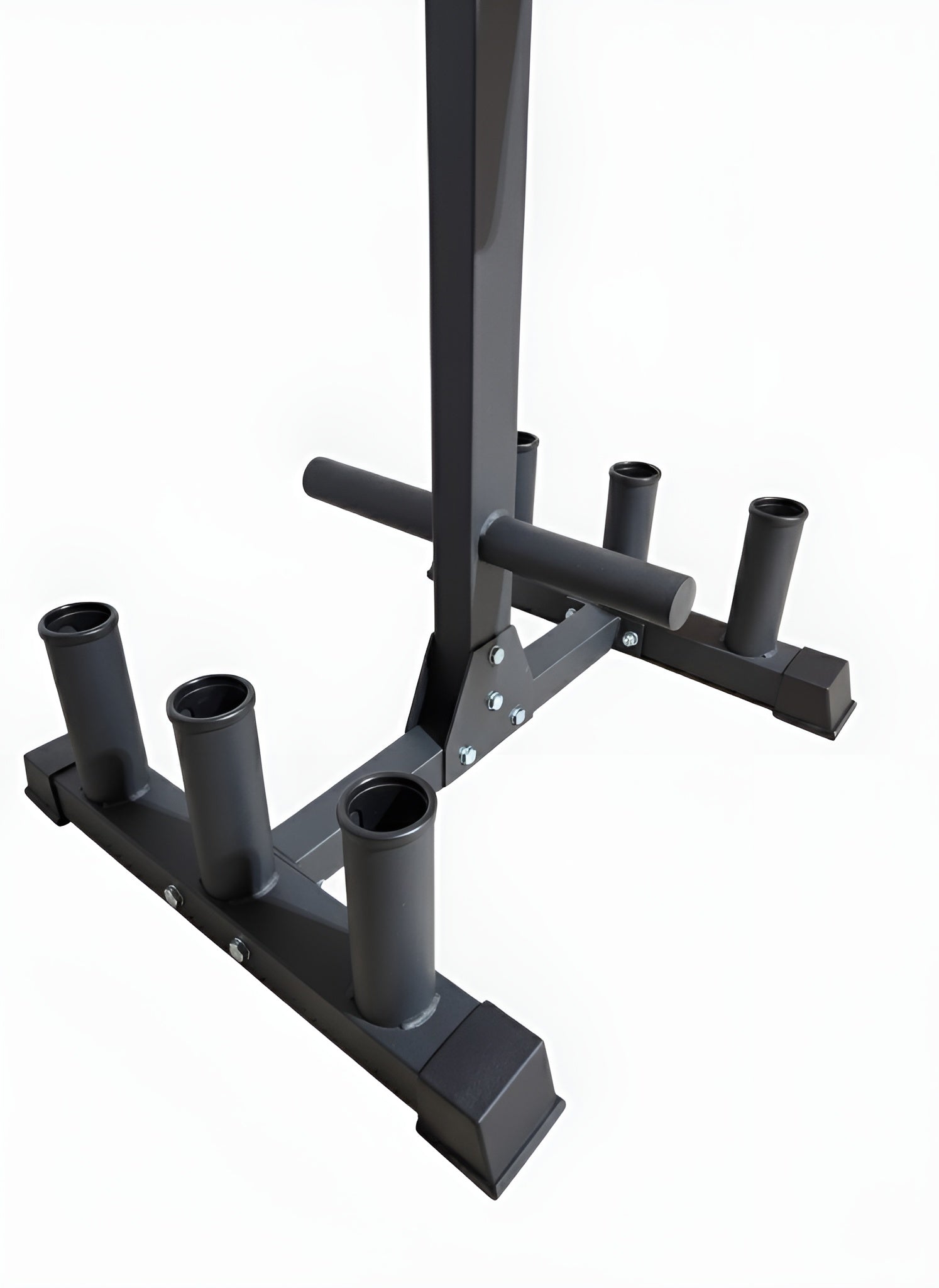 Détail de la base solide avec 6 slots pour barres d’haltérophilie.