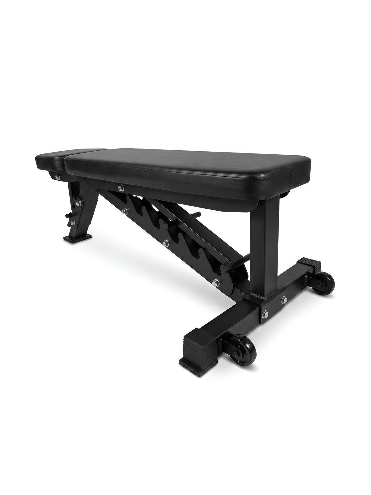 Banc de musculation plat avec roues de transport, vue arrière droite sur fond blanc.