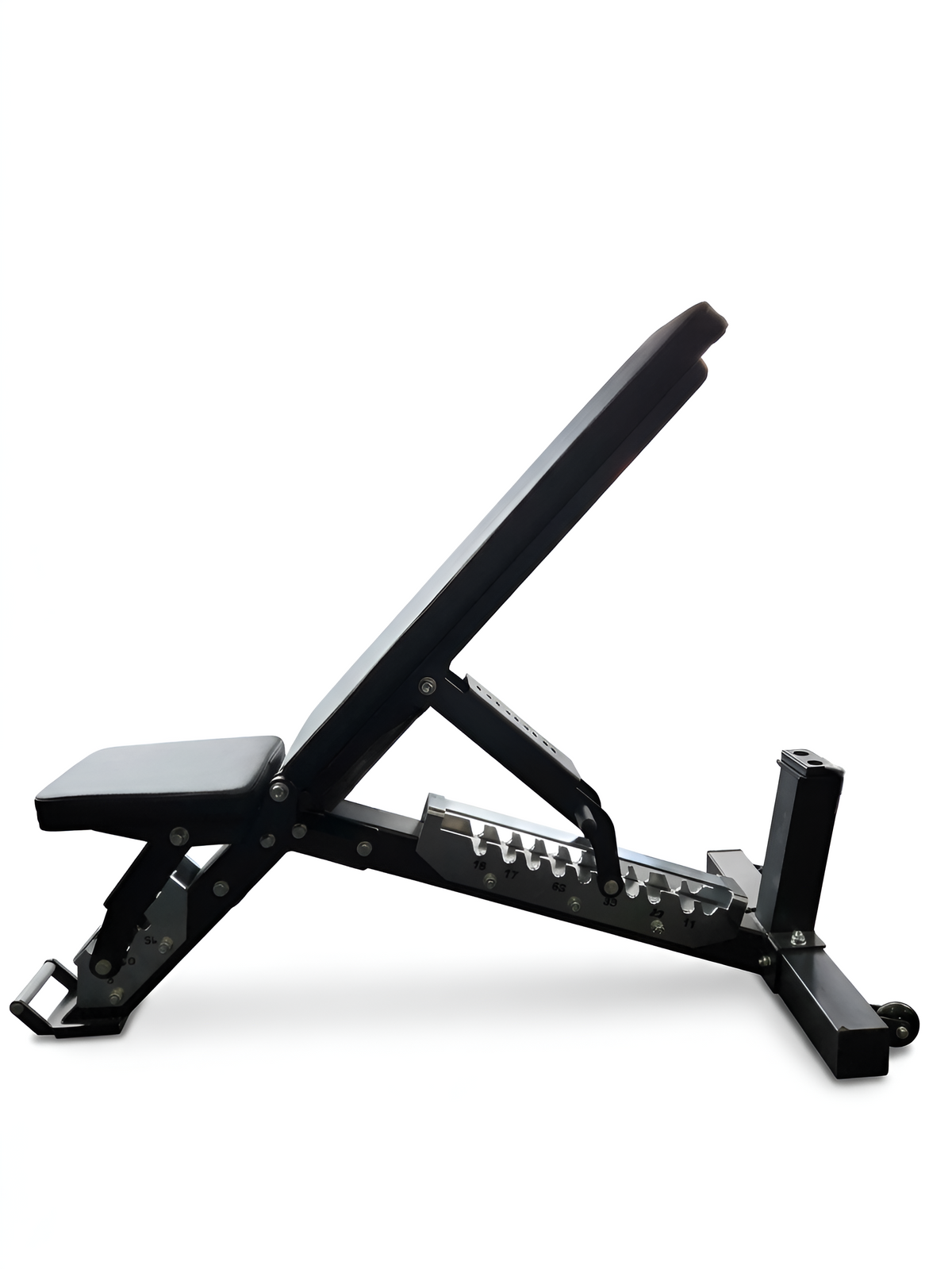 Banc de musculation ajustable commercial HD PWR de profil sur fond blanc, illustrant sa structure en acier massif.