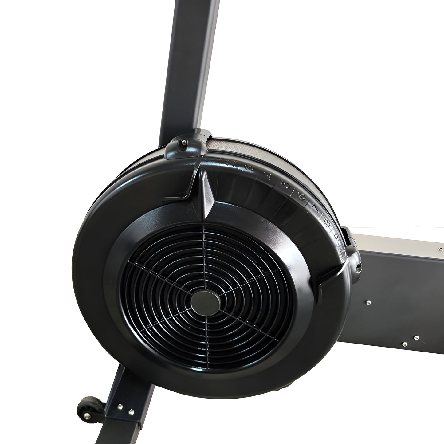 Gros plan précis de la roue d'inertie à air du Bike Erg HALT3R Fitness, avec le système de réglage du registre (damper) visible.