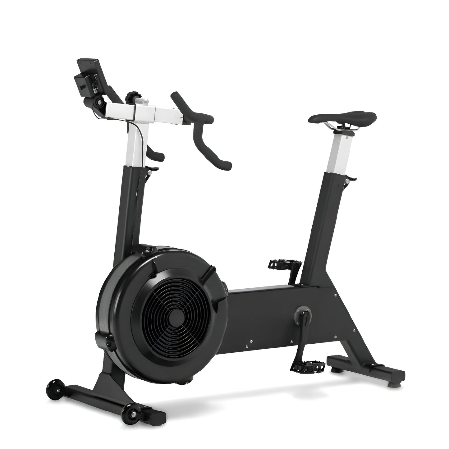 Vue de face du vélo Bike Erg HALT3R Fitness, noir, avec sa roue d'inertie à air et son moniteur de performance.