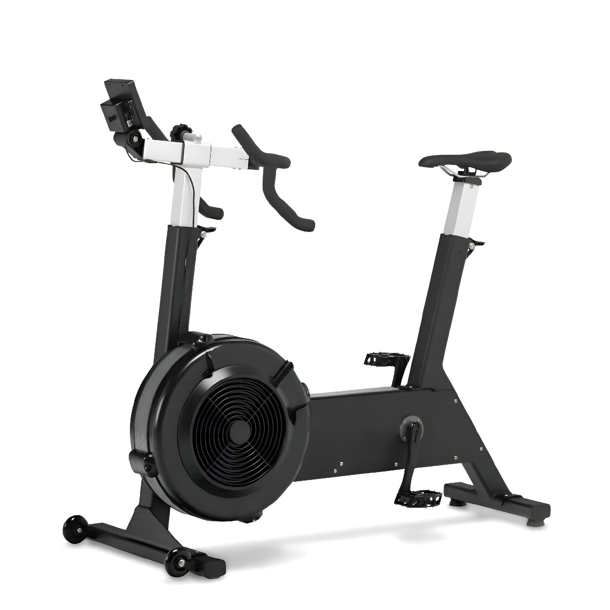 Vue de face du vélo Bike Erg HALT3R Fitness, noir, avec sa roue d'inertie à air et son moniteur de performance.