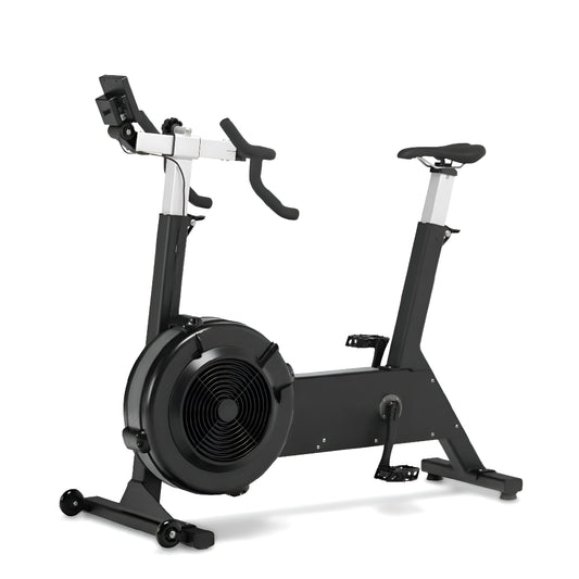 Vue de face du vélo Bike Erg HALT3R Fitness, noir, avec sa roue d'inertie à air et son moniteur de performance.