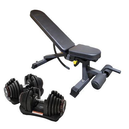 Ensemble d'entraînement HALT3R comprenant une paire d'haltères ajustables sur leur base et un banc de musculation inclinable noir avec support pour les jambes, isolés sur fond blanc.
