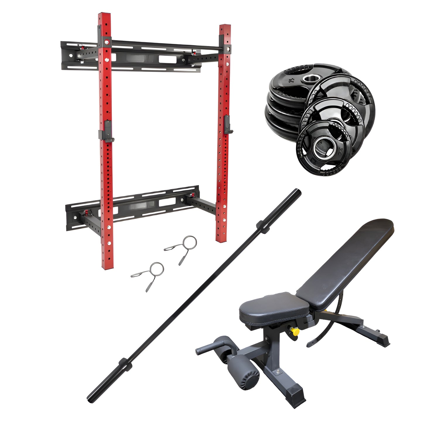 Bundle économique comprenant un rack à squat mural rouge et noir, une paire de colliers de serrage à ressort, une longue barre olympique noire et un banc d’entraînement ajustable noir.