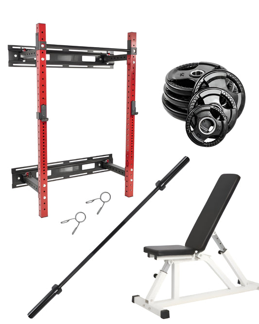 Ensemble d’entraînement économique complet incluant rack mural pliable, banc ajustable, barre olympique et plaques de poids.
