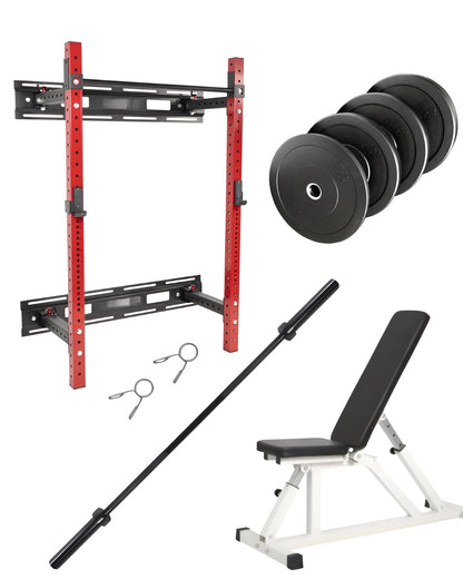 Ensemble d’entraînement économique complet incluant rack mural pliable, banc ajustable, barre olympique et bumper plates.