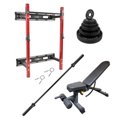 Bundle économique comprenant un rack à squat mural rouge et noir, une pile de disques de fonte noirs marqués « STANDARD », une paire de colliers de serrage à ressort, une longue barre olympique noire et un banc d’entraînement ajustable noir.