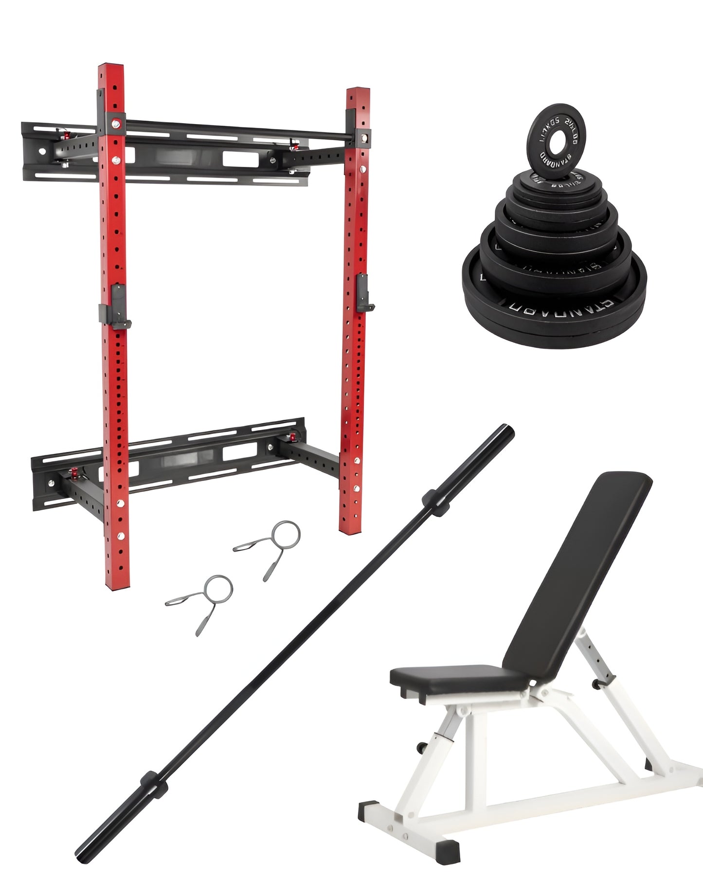 Ensemble d’entraînement économique complet incluant rack mural pliable, banc ajustable, barre olympique et plaques de poids en fonte.