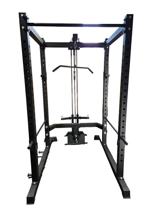 Cage commerciale 3x3 avec système de poulies double en aluminium, configuration complète. Vue de face.
