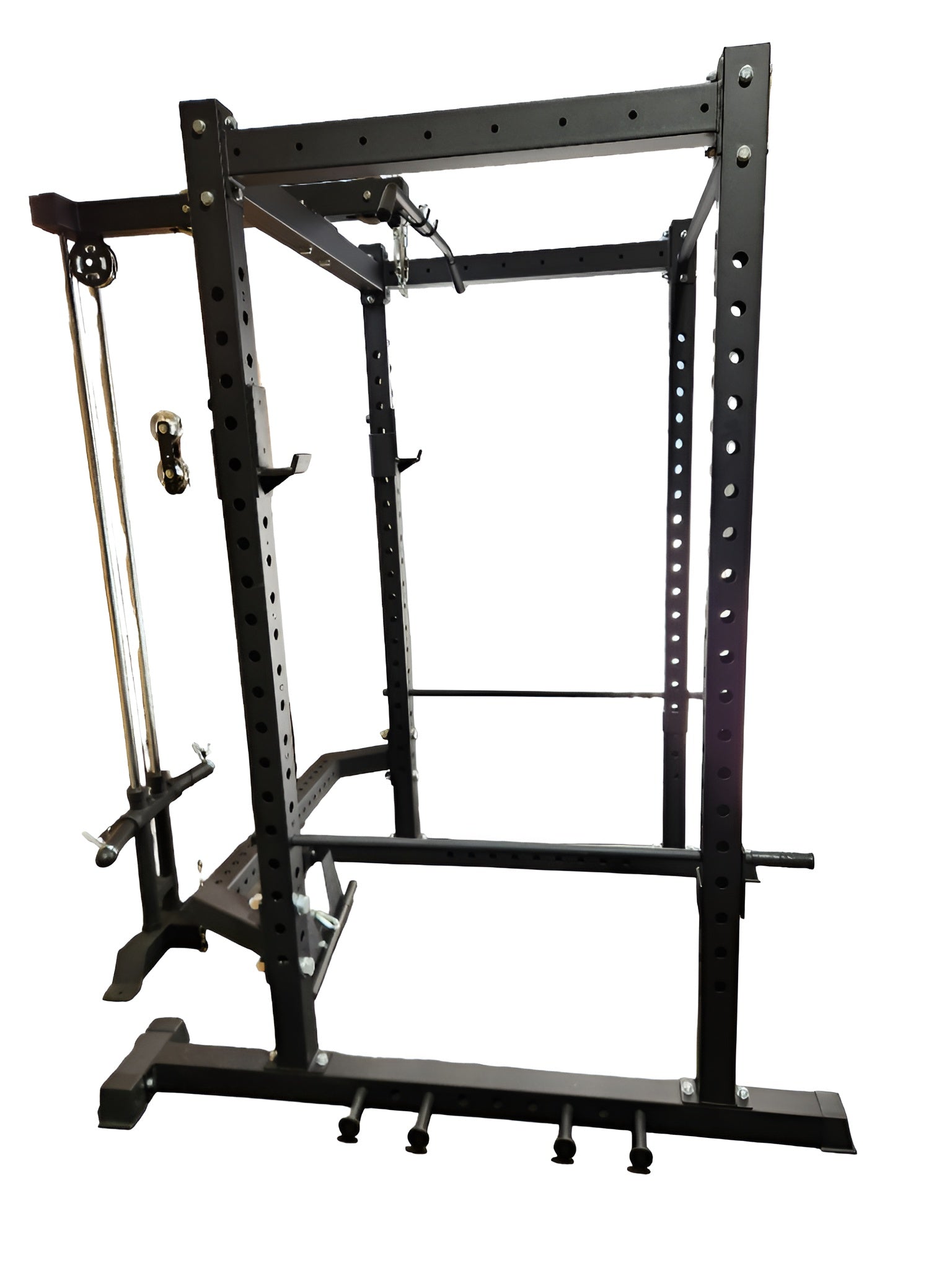 Cage commerciale 3x3 avec système de poulies double en aluminium, configuration complète. Vue de côté.