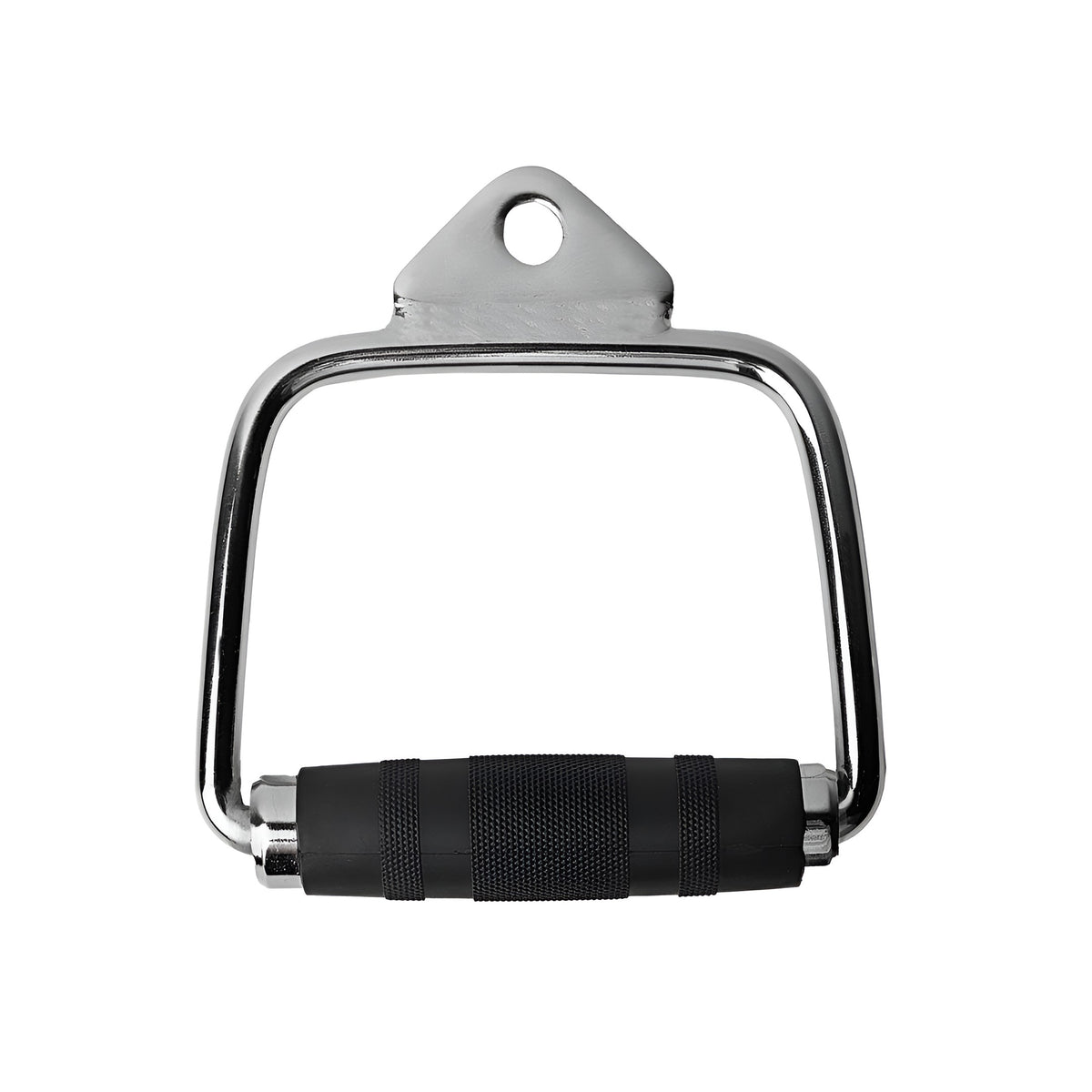 Poignée de tirage individuelle en acier chromé avec poignée rotative en caoutchouc noir pour machine à poulie sur fond blanc.