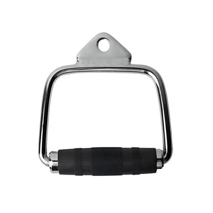 Poignée de tirage individuelle en acier chromé avec poignée rotative en caoutchouc noir pour machine à poulie sur fond blanc.