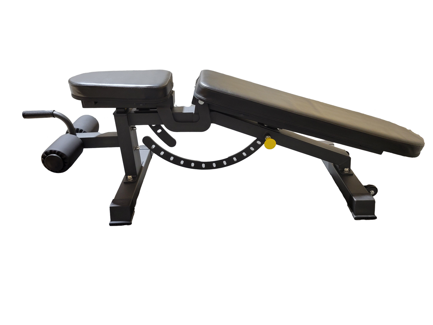 Banc d’entraînement ajustable noir avec support pour jambes, idéal pour les exercices de musculation avec haltères, vue de profil sur fond blanc.