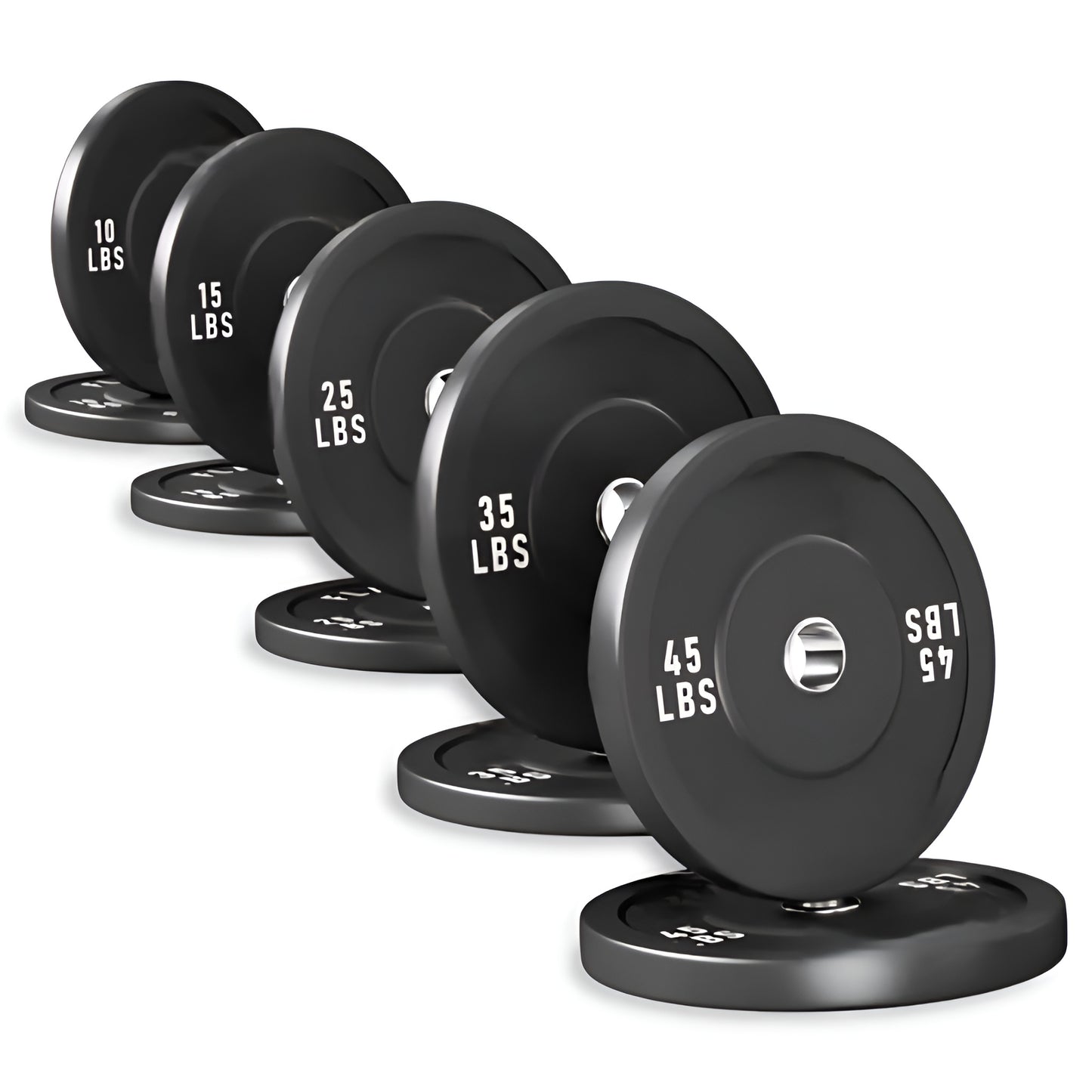 Ensemble complet de bumper plates en caoutchouc noir totalisant 260 lbs, disposé au sol avec toutes les tailles visibles.