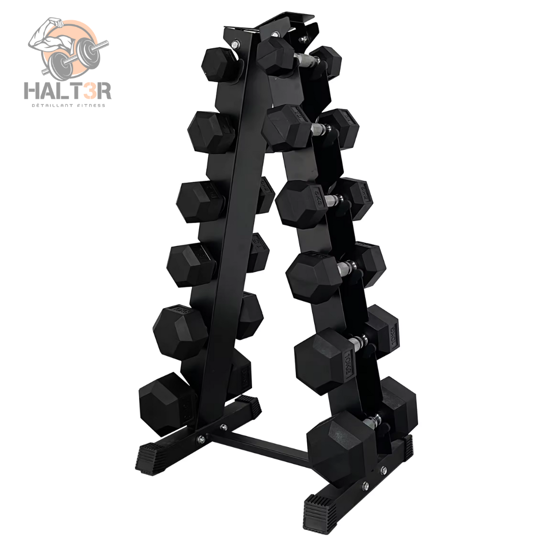 Ensemble d'haltères hexagonaux allant de 5 à 30lbs. Ils sont installés sur un support pyramidal 6 paires noir.