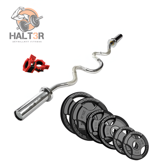 Barre Super EZ Curl de chez HALT3R détaillant fitness posant avec une paire de collets de sureté ainsi que des poids Tri-Grip recouverts de caoutchouc. 2x25lbs, 2x10lbs, 2x5lbs