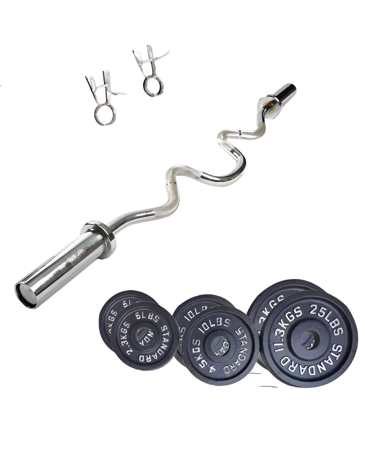 Barre Super EZ Curl de chez HALT3R détaillant fitness posant avec une paire de collets de sureté ainsi que des poids en acier de qualité. 2x25lbs, 2x10lbs, 2x5lbs